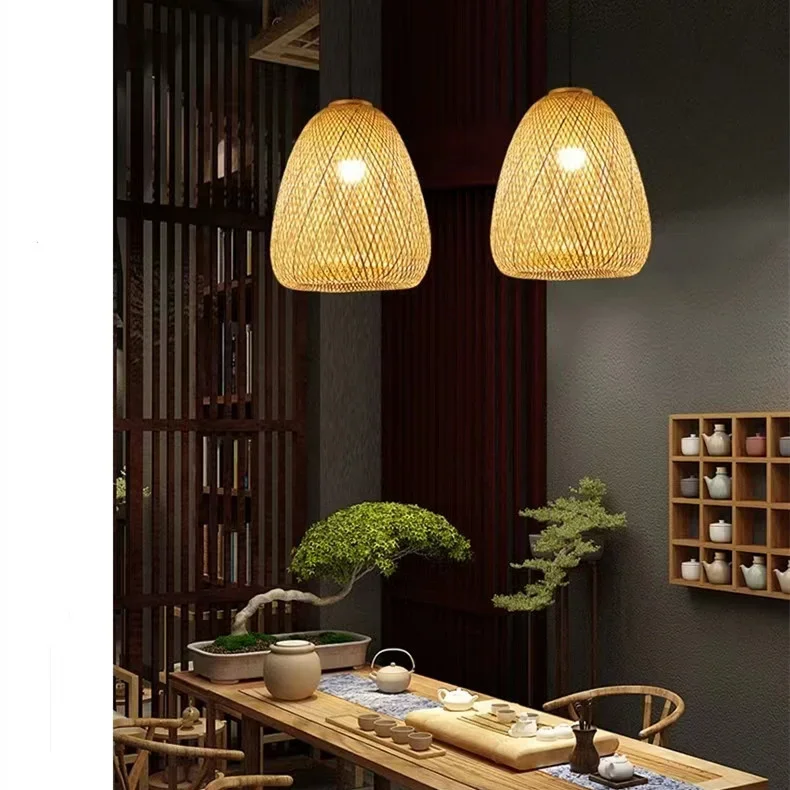 New Chinese Style Natural Wicker Bamboo Pendant Lamp Bamboo Woven Art Lantern Chandelier Creative Restaurant Tatami Teahouse