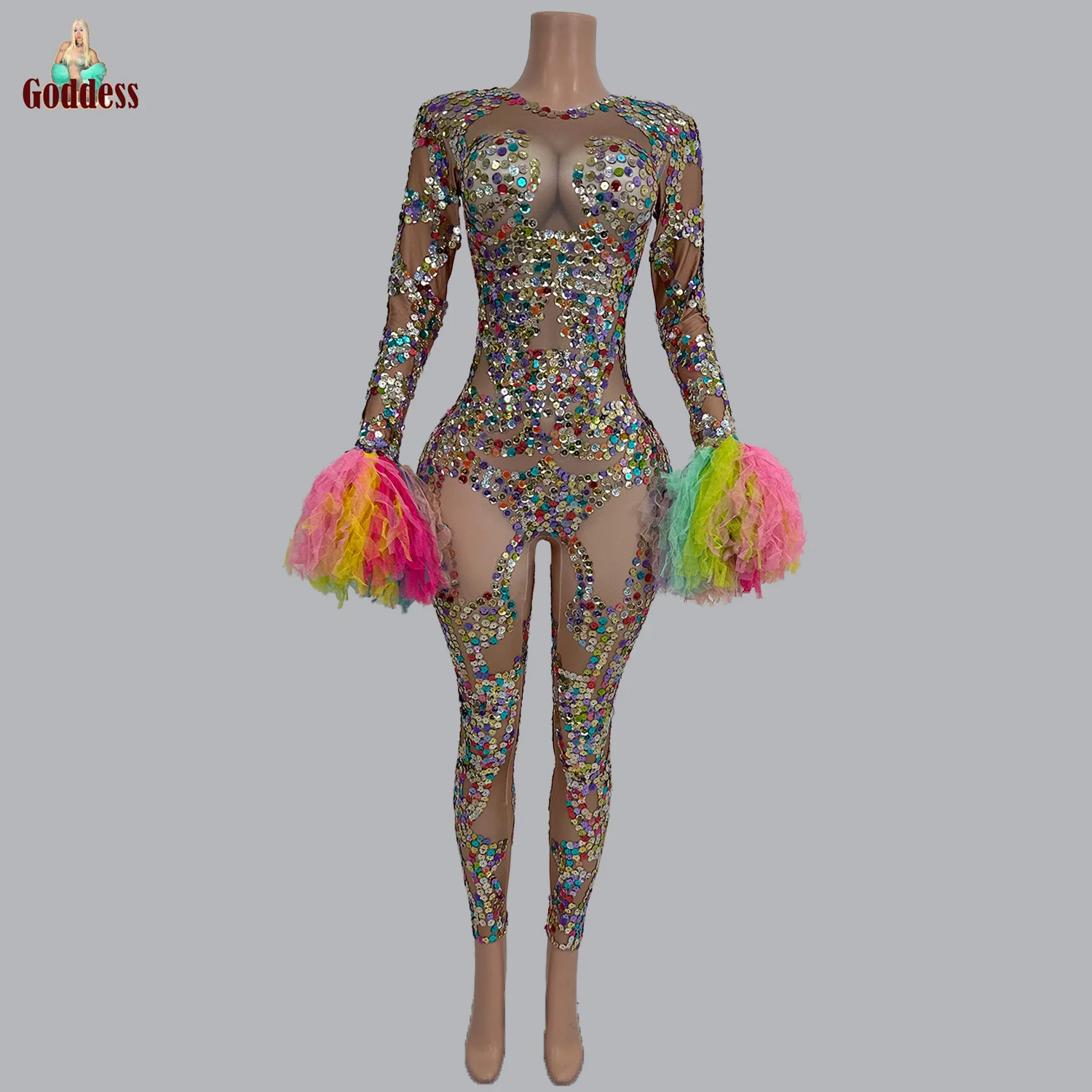 

Sparkly Sequins Elastic Spandex Jumpsuit Sexy Women Nightclub Singer Dancer Performance Costume Show Stage Tight Fitting Wear