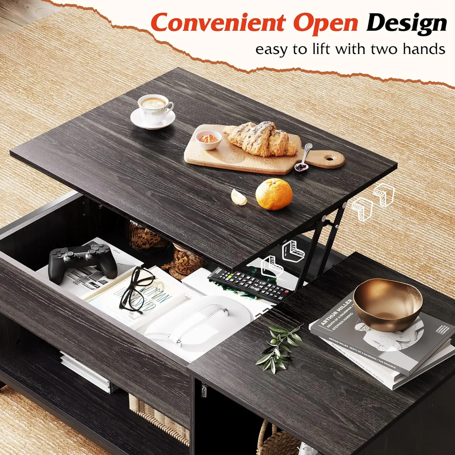 Coffee Table, 41.7" Lift Top Coffee Table with Hidden Compartment and Storage Cabinet, Wood Center Table ，Black