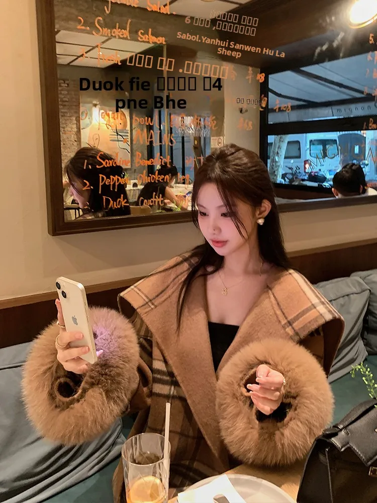 

GG Plaid Cloak 2025 Autumn Winter New Sle Fur Woolen Coat Women High-End Double-Sided Camere Coat Long Sve Navy Co...