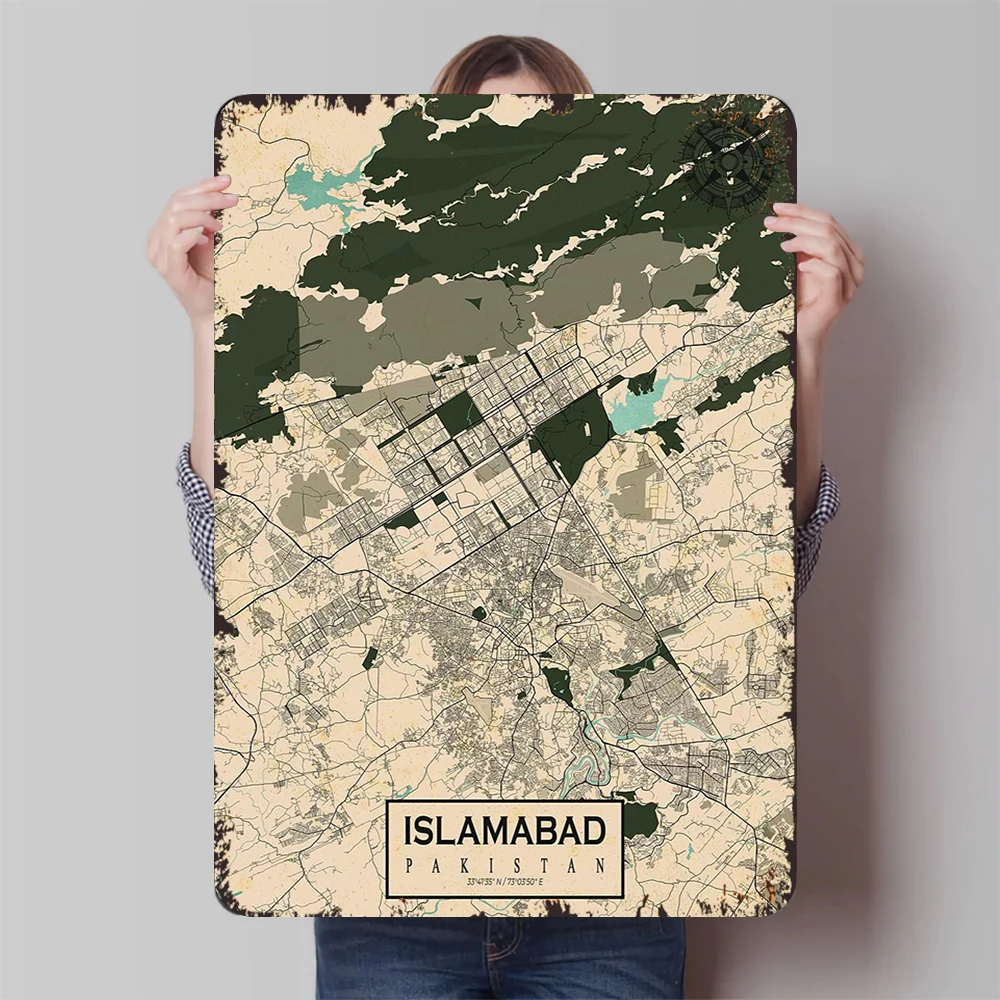 Vintage Style Islamabad City Map Metal Wall Art Pakistan Capital Decorative Painting Home Decoration Hanging