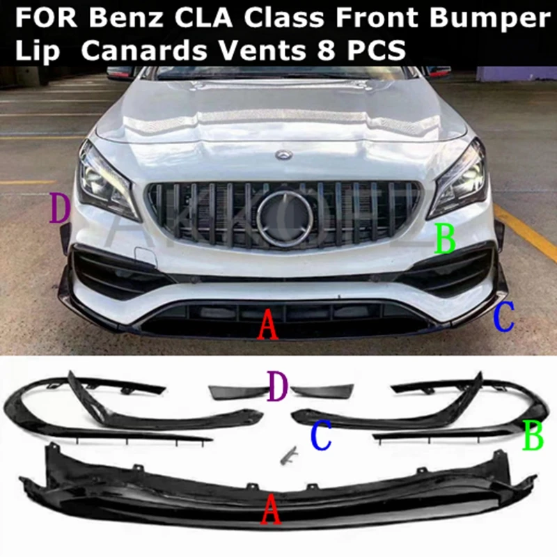 For Mercedes Benz CLA Class CLA45 AMG Sports Version 2016-2018 Gloss Black Front Bumper Lip Spoiler Splitters Canards Vents 8Pcs