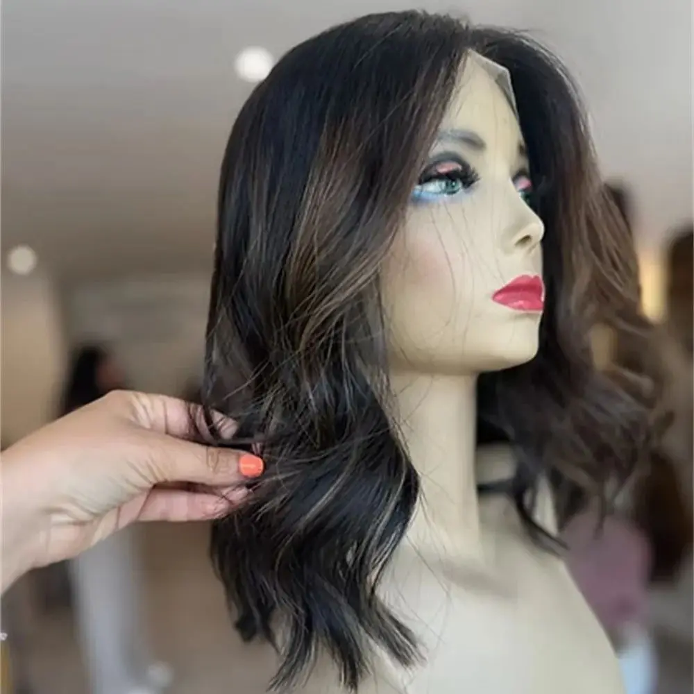 

Natural Soft Brown 16 Inch Lace Wig Small Cap Short Wavy Caramel Balayage Frontal Lace Wig Synthetic Hair High Heat Fibre Wig