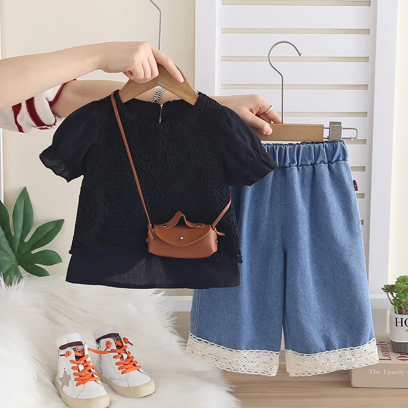 Toddler Girls Outfits 2026 Summer Baby Girl Fashion Sweet Style Lace Puff Sleeve Top + Denim Shorts with Bag Kids Clothes Set
