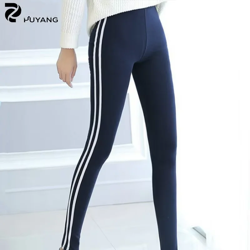 Women Small High Cotton Leggings Side White Nine Point Pencil Waist Korean Style Outer Wear Sports Pants Students Slim Trousers