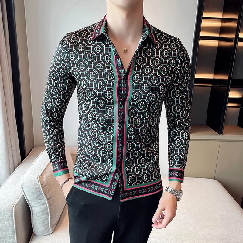 

Men's light luxury shirt, striped printed fashion, long sleeved, luxurious men's shirt, British style, polyester fiber fabric, f
