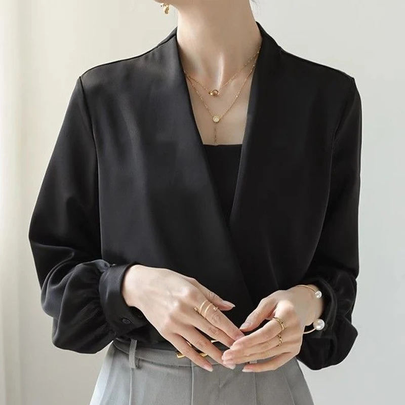 Spring Autumn Solid Color New Blouse Women V-neck Long Sleeve Fashion Satin Face Pullovers Elegant Button Pleated Chic Tops