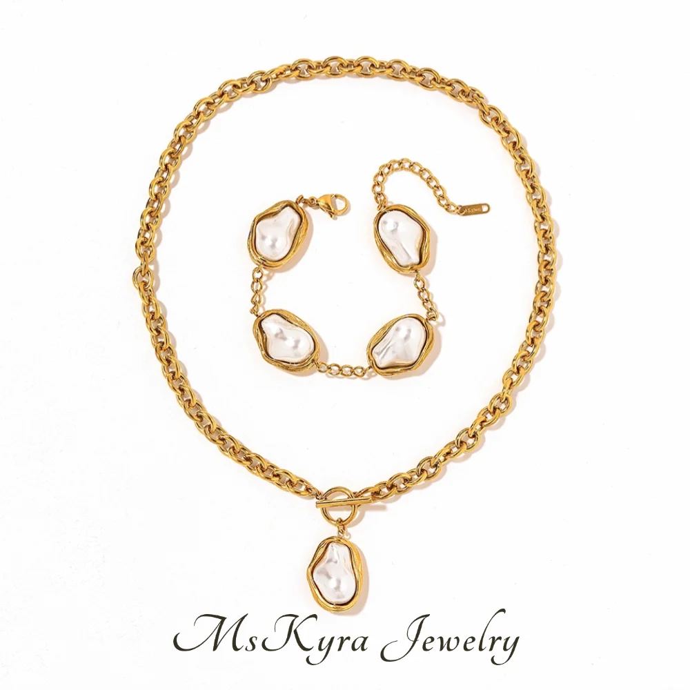 

MsKyra Stainless Steel Cuff Bracelet Necklace Plated 18k Gold Color Baroque Pearl Non Oxidation Chunky Jewelry For Women Gift