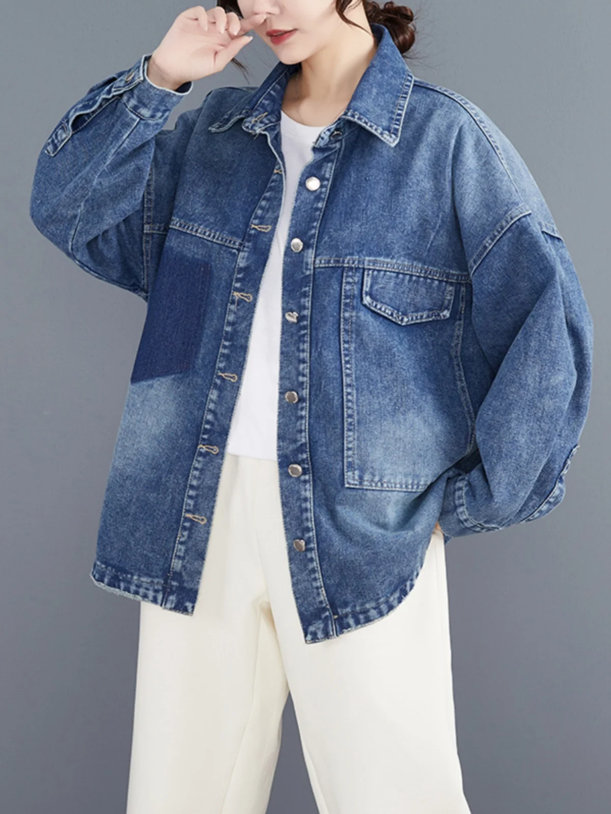 

Faionable Long Sve Denim irt Свободный крой плюс размер Утягивающая верхняя одежда Женская осенняя одежда с воротником средней длины irt