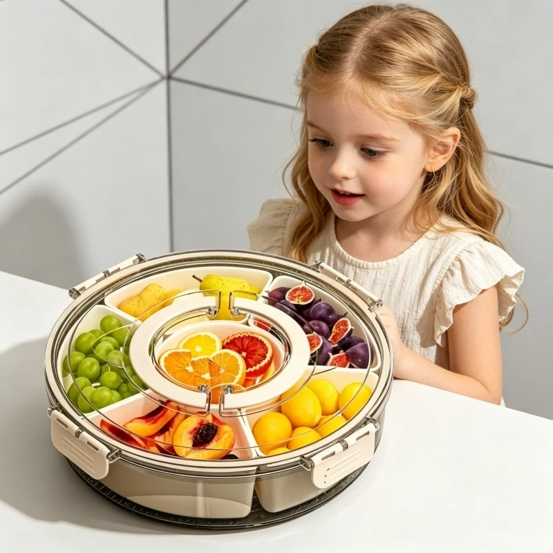 

Portable Divided Serving Tray with Lid and Handle Clear Rotating Snack Spinner Snackle Box for Fruits Snacks Veggies Charcuterie
