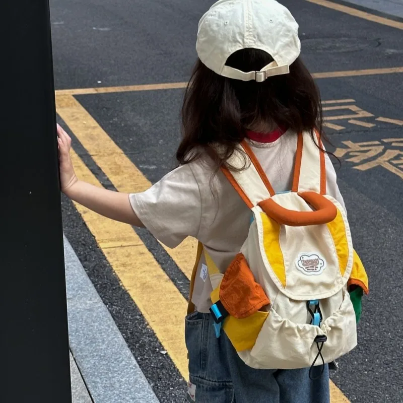 Lightweight Color Block Kids Backpack Drawstring Flap Toddler School Bag With Anti-slip Chest Strap For Outdoor Travel
