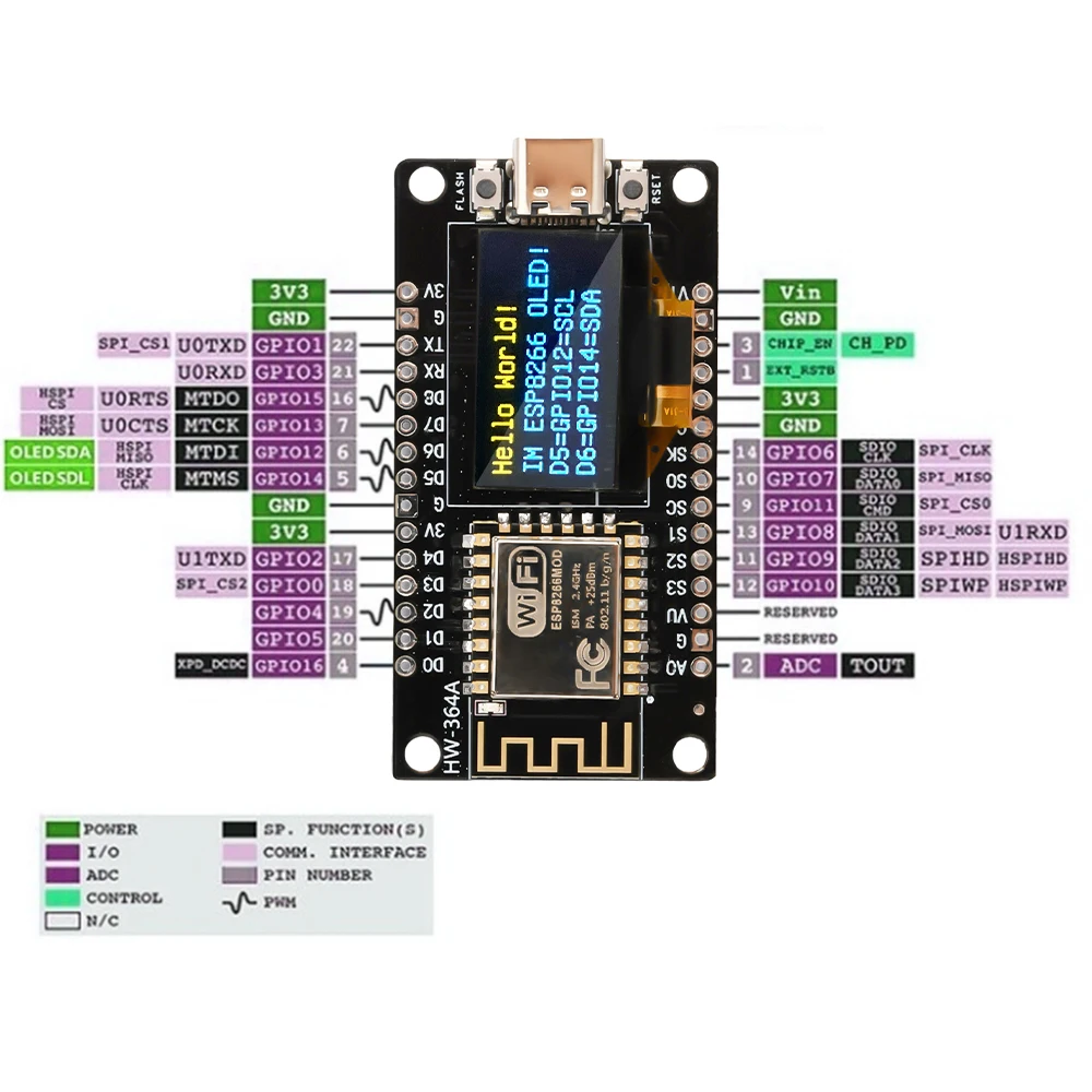 Nodemcu ESP8266 WiFi Development Board Module, 0,96 "tela OLED, CH340G, TYPE-C, adequado para Arduino, Microton, ESP-12F