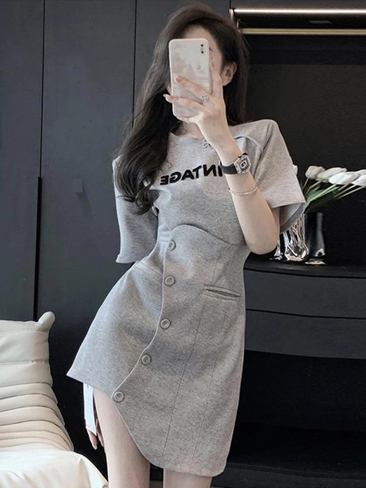 Summer Sweet Asymmetric Cotton Dress Female Short Sleeve Mini Dress For Women Cotton O Neck Shirt Dress Casual Female Dress