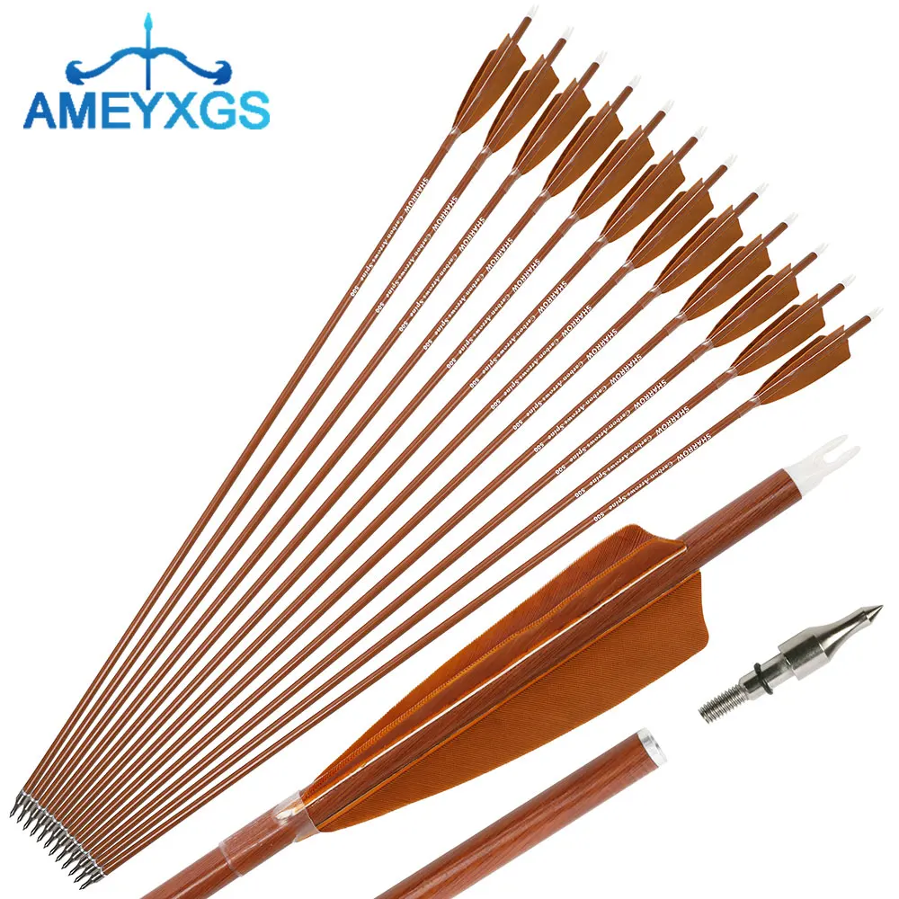 6/12pcs Carbon Arrows 30 Inches Spine 500 600 with 4inch Brown Natural Turkey Feather ID 6.2mm for Archery Hunting Accessories