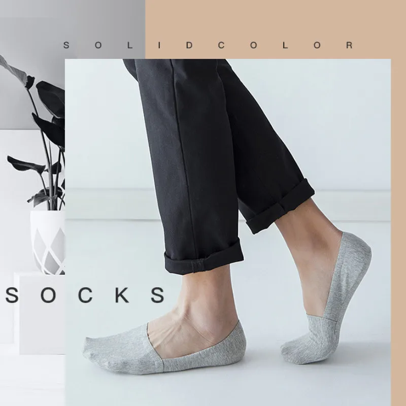 5 Pair Solid Color Mens Socks 100 Cotton High Quality Male Silicone Non-slip Boat Socks Seamless Invisible Calcetines Meias 24