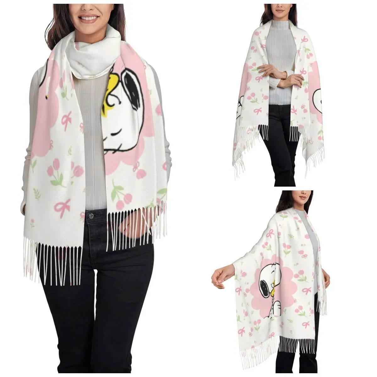Snoopys  Floral Encounter Scarf for Womens Warm Winter Pashmina Shawl Wrap Large Scarves with Tassel for Daily Wear
