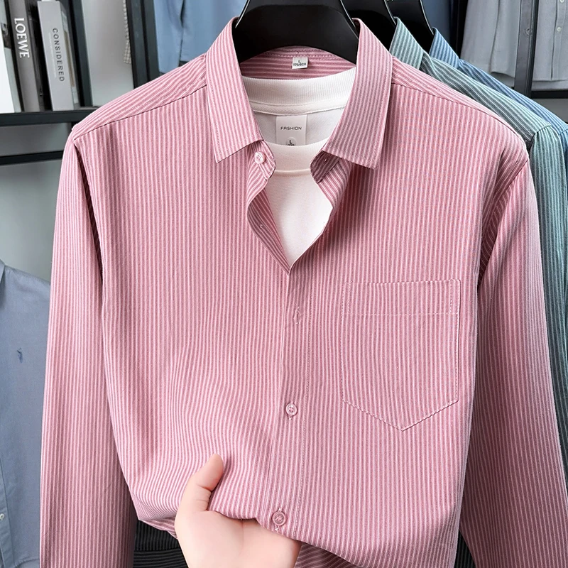 Men's Striped Long-sleeve Shirt, Business Casual, Wrinkle-free, for Middle-aged 2026 Spring and Autumn with Pockets Cotton Shirt