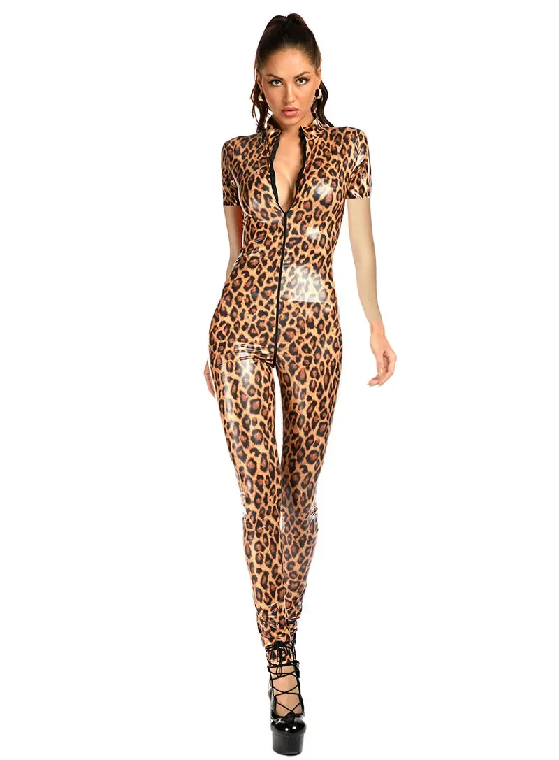 Frau sexy Schritt ohne Leopard Latex Overalls Pu Leder Leopard Catsuit Kurzarm Reiß verschluss Trikot Leopard Overall