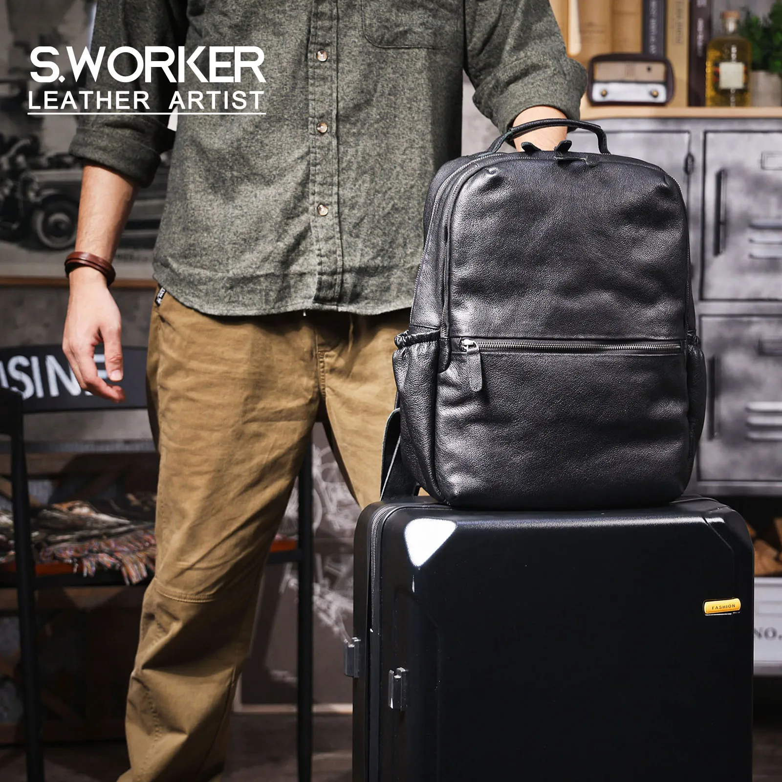 Lässiger Echtleder-Rucksack für Herren, Laptop-Tasche für Männer, Reisetasche aus hochwertigem Rindsleder, modischer Preppy-Stil. – Detail 2