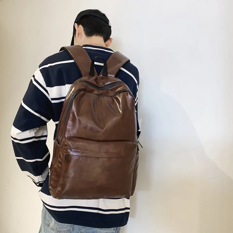 Mochila de couro macio impermeável para homens, Mochila masculina vintage, Minimalismo viagem sólida para estudantes universitários da escola