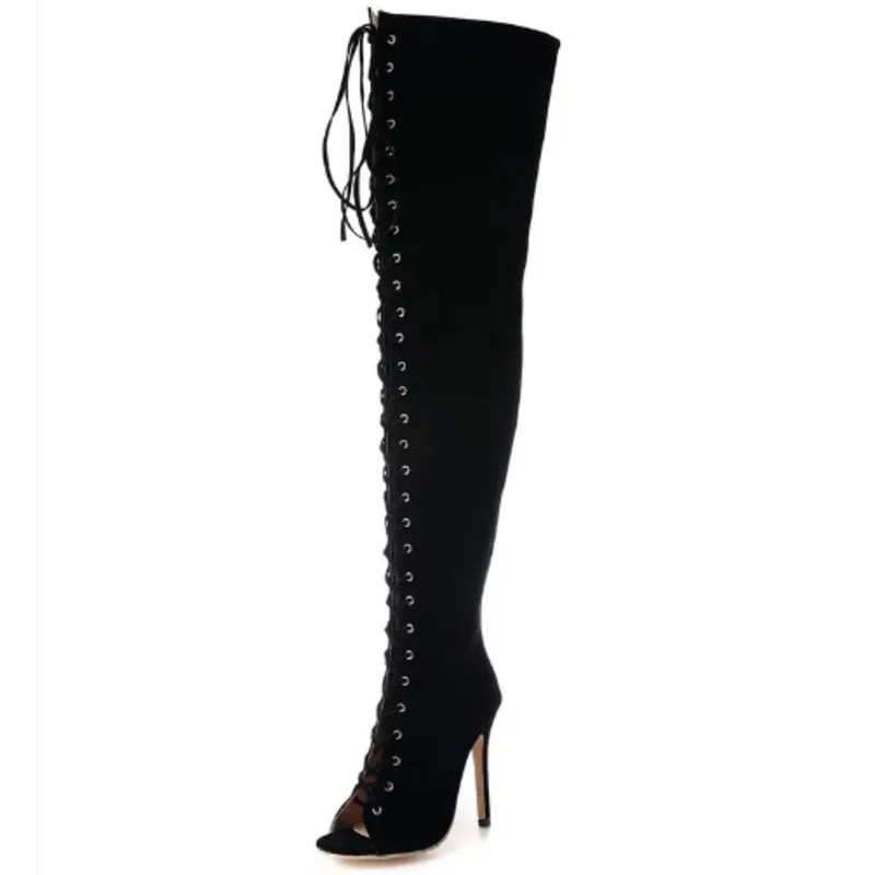 Faux Suede Peep Toe Lace Up Thigh High Boot Stiletto Heels Cross-tied  Over The Knee Boots Cool Boots