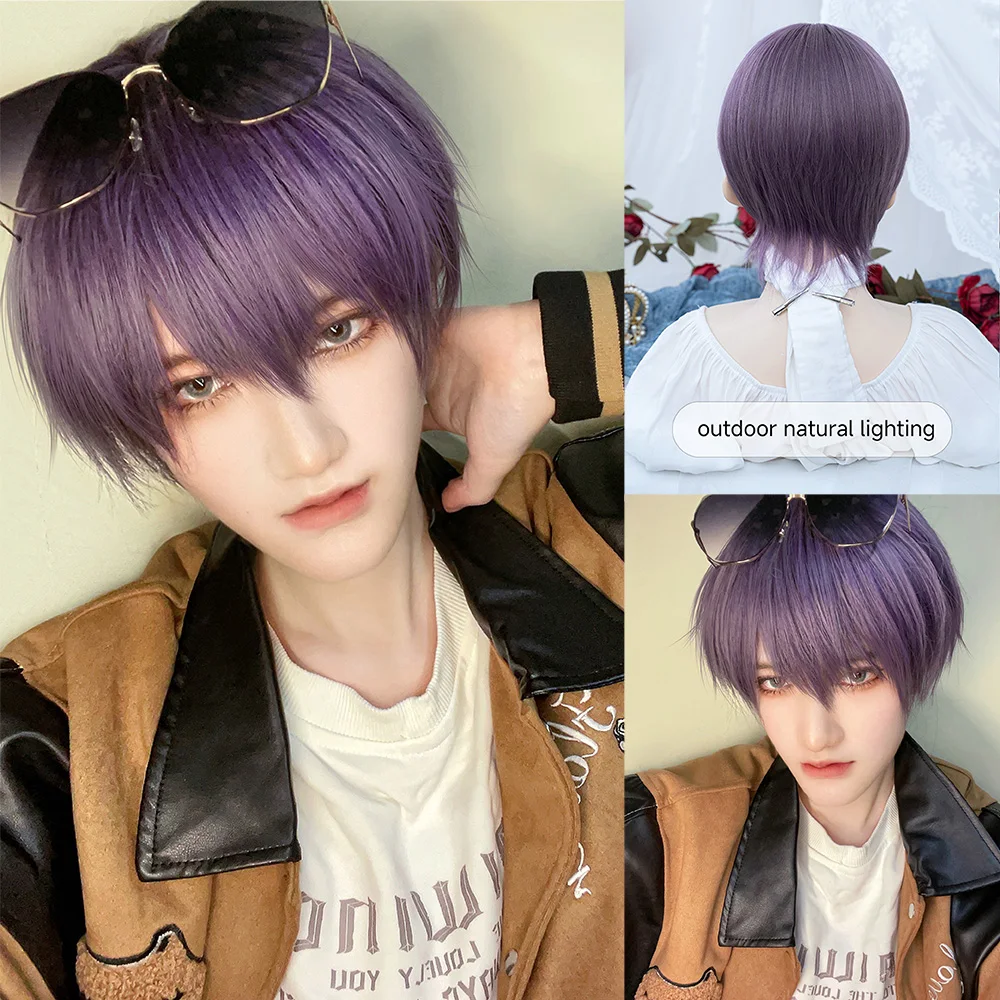 10Inch Purple Color Japanese Handsome Style Synthetic Wigs With Bang Short Straight Hair Wig For Men Women Daily Heat Resistant