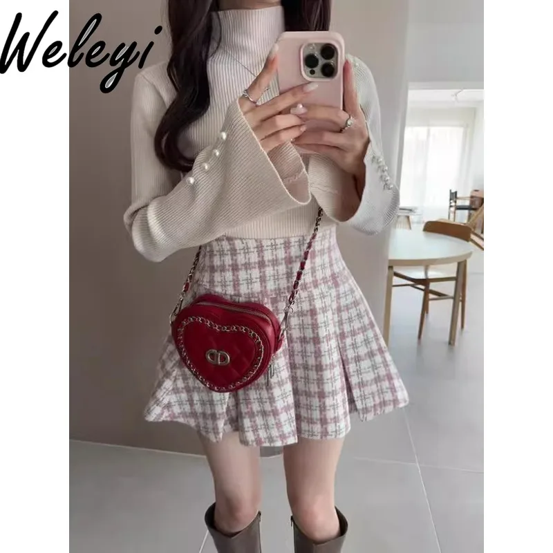 

Kawaii Japanese Sweet Plaid Pleated Skirt Ropa De Mujer 2024 Winter Super Popular Cute Streetwear New Lined Tweed Fashion Faldas