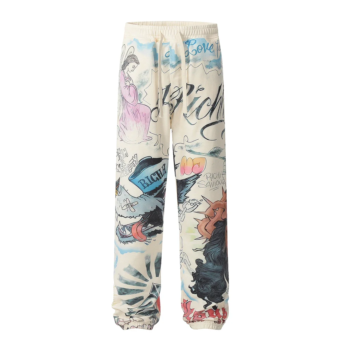 Streetwear Letter Character Graffiti Terry Joggers Sweatpants for Men and Women Straight Loose Casual Drawstring Trousers