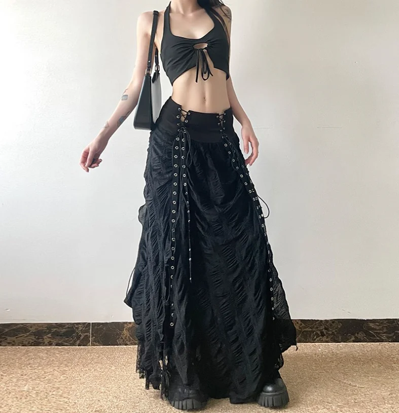 Slimming High Waist A- Line Skirt American Retro Lace Mesh Splicing Tie Women Spring Autumn New Style Elegant Half Skirt w52