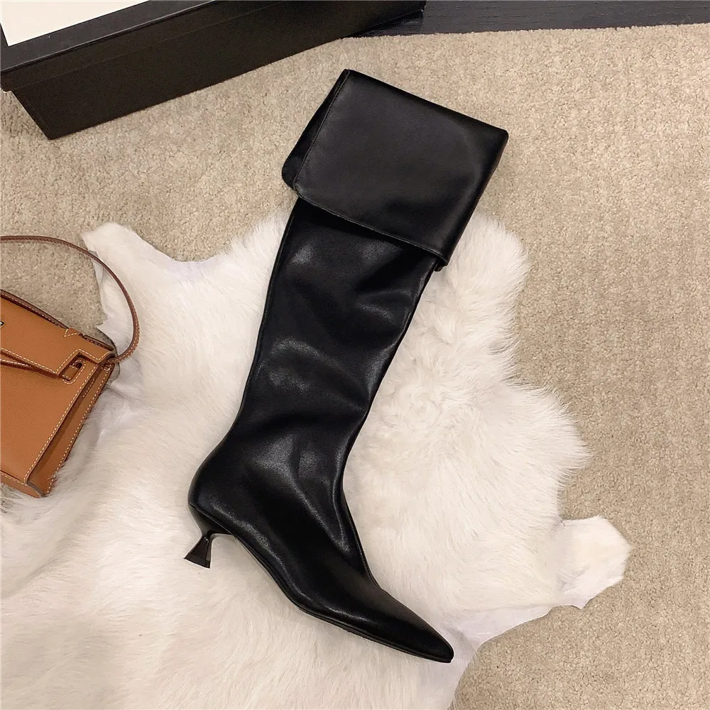 MILI-MIYA Fashion Pointed Toe Women Full Genuine Leather Over The Knee Boots Low Thick Heels Solid Color Zippers Handmade