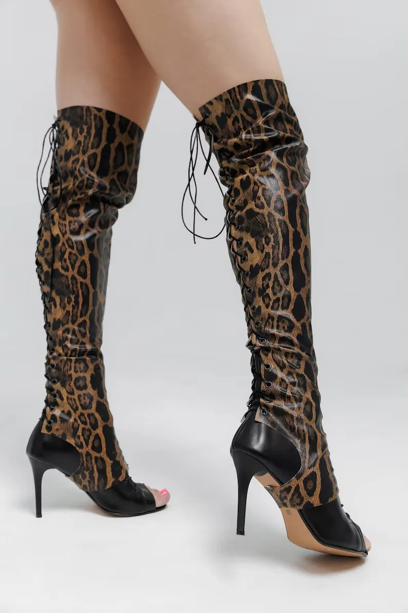 2026 جلد الثعبان عالية النساء الكعوب اللمحة تو الأحذية الخناجر رقص الجاز فوق الركبة أحذية للرقص اللاتيني حجم كبير 44 #4