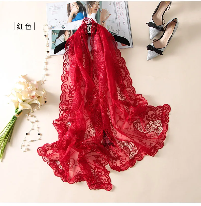 Scarf Women Fashion Boutique Water-Soluble Lace Hollow Out Solid Color Fine Scarves Wedding Shawl Over 175CM