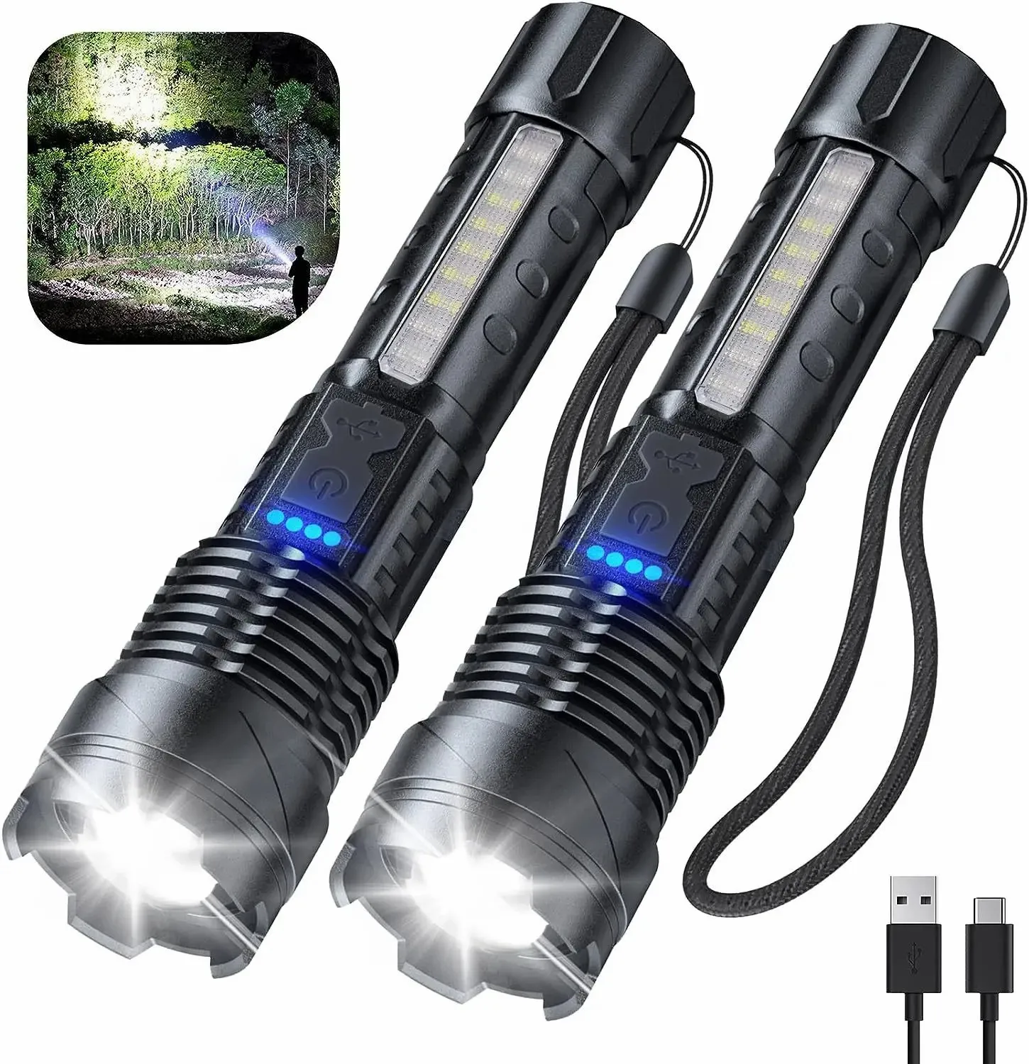 E2 2PCS High Power Led Flashlights Tactical Emergency Spotlights Zoom Built-in Battery USB Rechargeable Camping Torch Lanterns