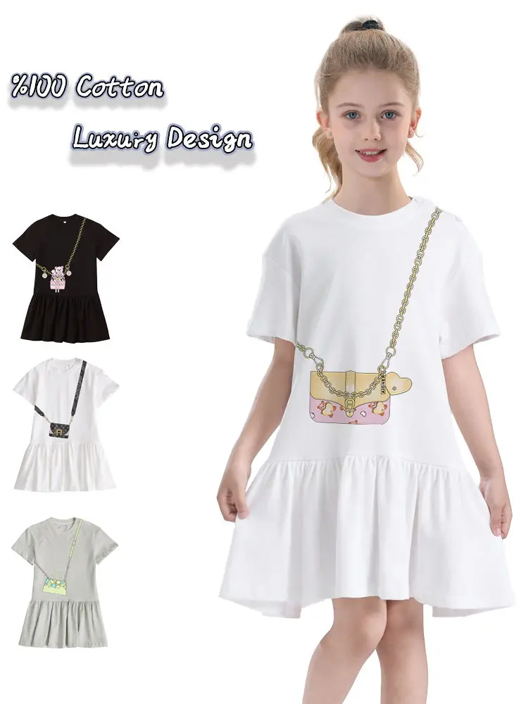 

Cute Sweet Bear Dress Baby Girls Summer Clothes 2025 Trend Print Short sleeved Skirt Casual Child Princess Dress Everyday Wear