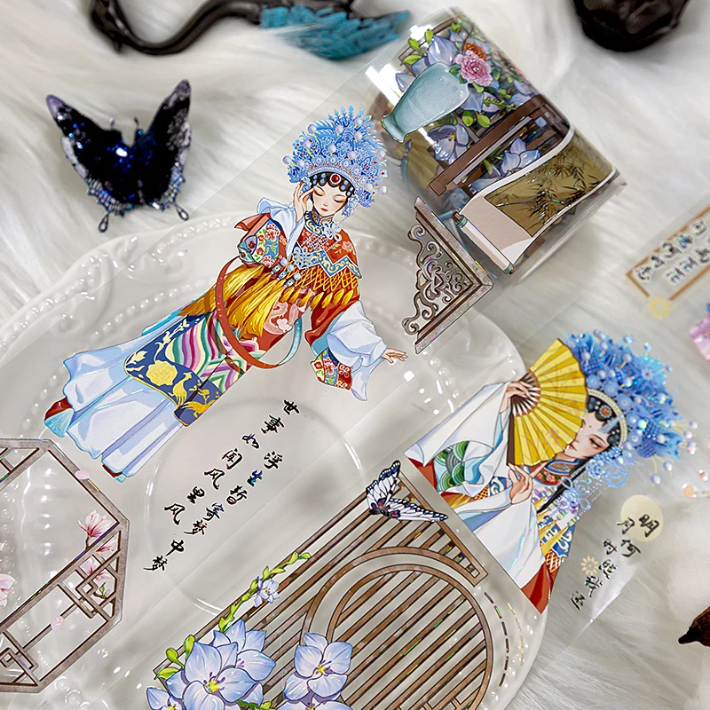 60mm*200cm Vintage Chinese Opera Flower Landscape PET Tape Creative DIY Journal Material Collage Scrapbooking Stationery
