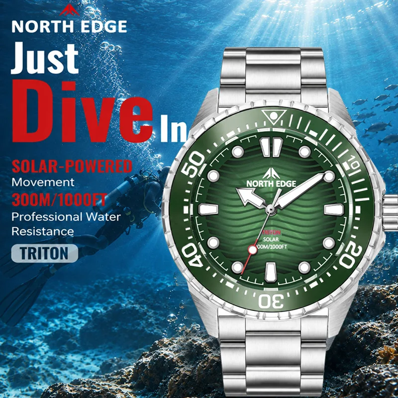 NORTH EDGE TRITON Multi Color Solar-Powered Diving Watch Luxury Quartz Watches For Men Ourdoor 300M Waterproof 180+ Day Power
