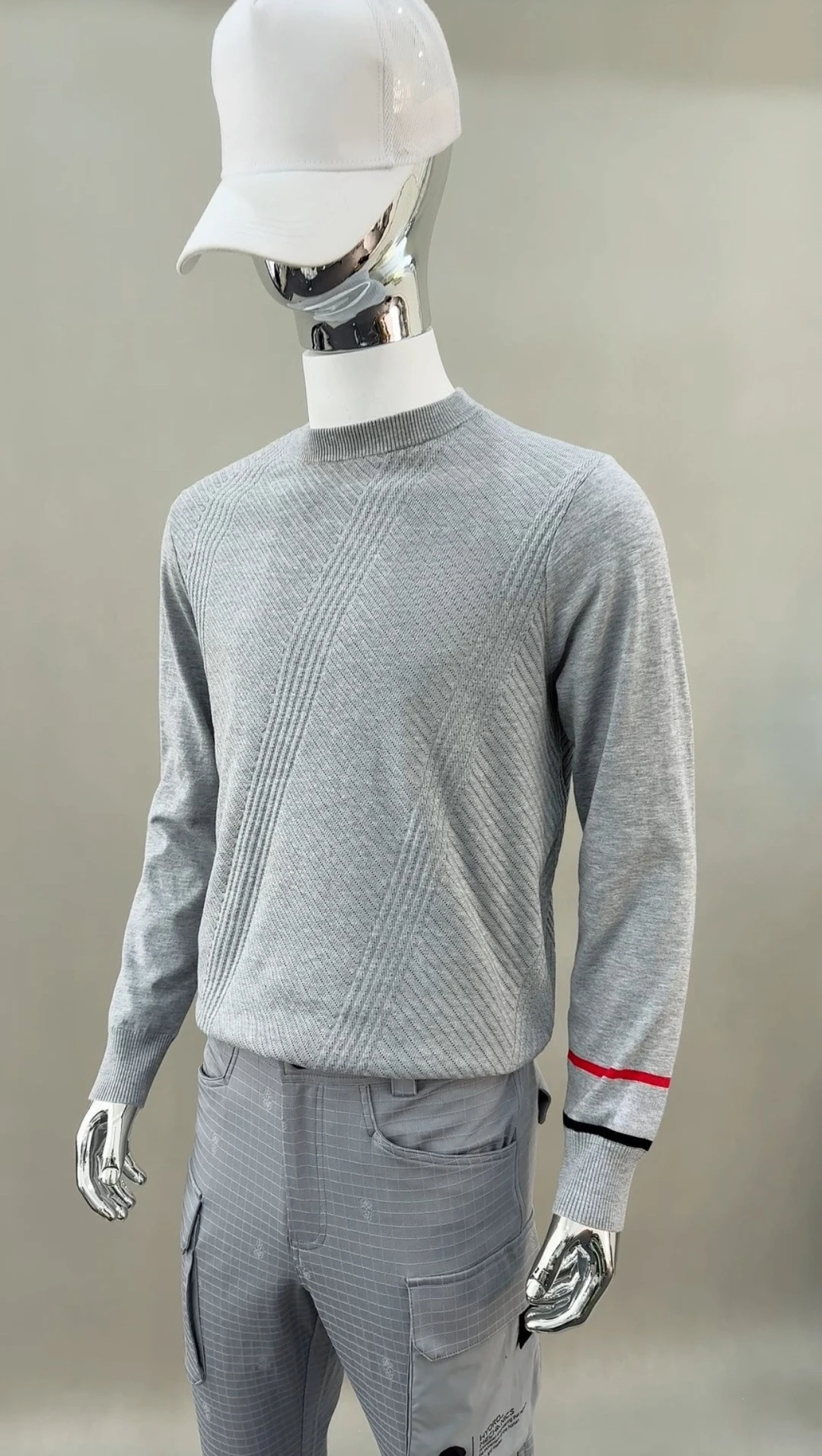 2026 Autumn Men Golf Striped Color Block Knit Sweater Lined Windproof Warm Long Sleeve Round Casual Sports Golf Pullover Tops