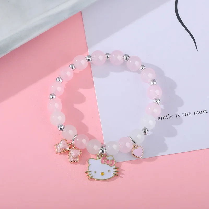 Cartoon Charms Bracelets Kawaii Hello Kitty Pendant New 18Cm Imitation Pearl Crystal Glass Beads Bangle Jewelry Gifts for Girls