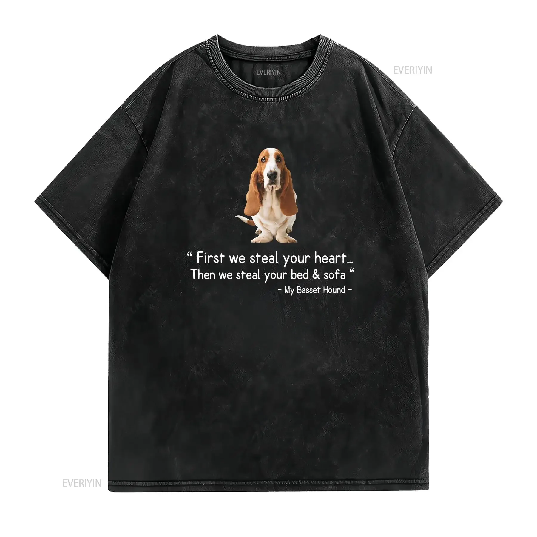 Basset Hound T Shirt First We Steal Your Heart vintage Washed designer clothes Slightly Stylish homme Versatile streetwear Soft
