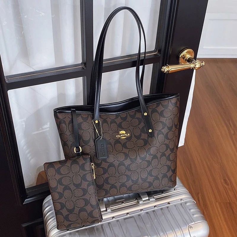 Dark Brown Vintage Print 2 Piece Tote Set Durable Spacious Match Office Workers Daily Grocery Casual Trip