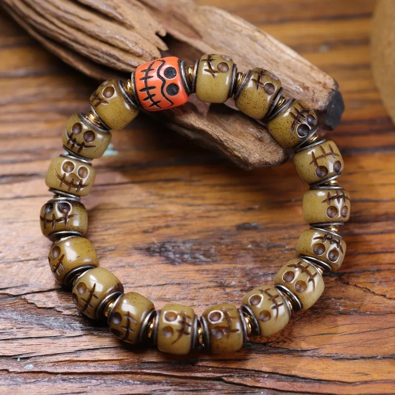 Tibetan-style bone barrel inlaid with carved A-dai three-way beads single-loop vintage cultural artifact accessor