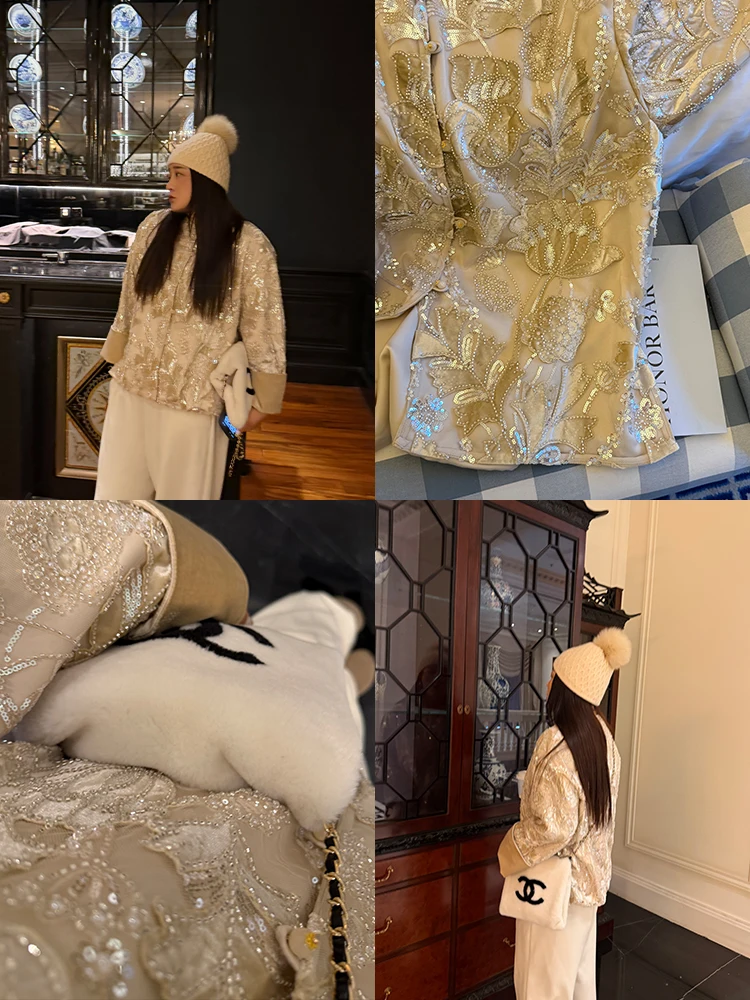 

Новая китайская бархатная куртка цвета шампанского с вышивкой бисером, большие размеры, женская, модная, повседневная, с круглым вырезом, длинный рукав