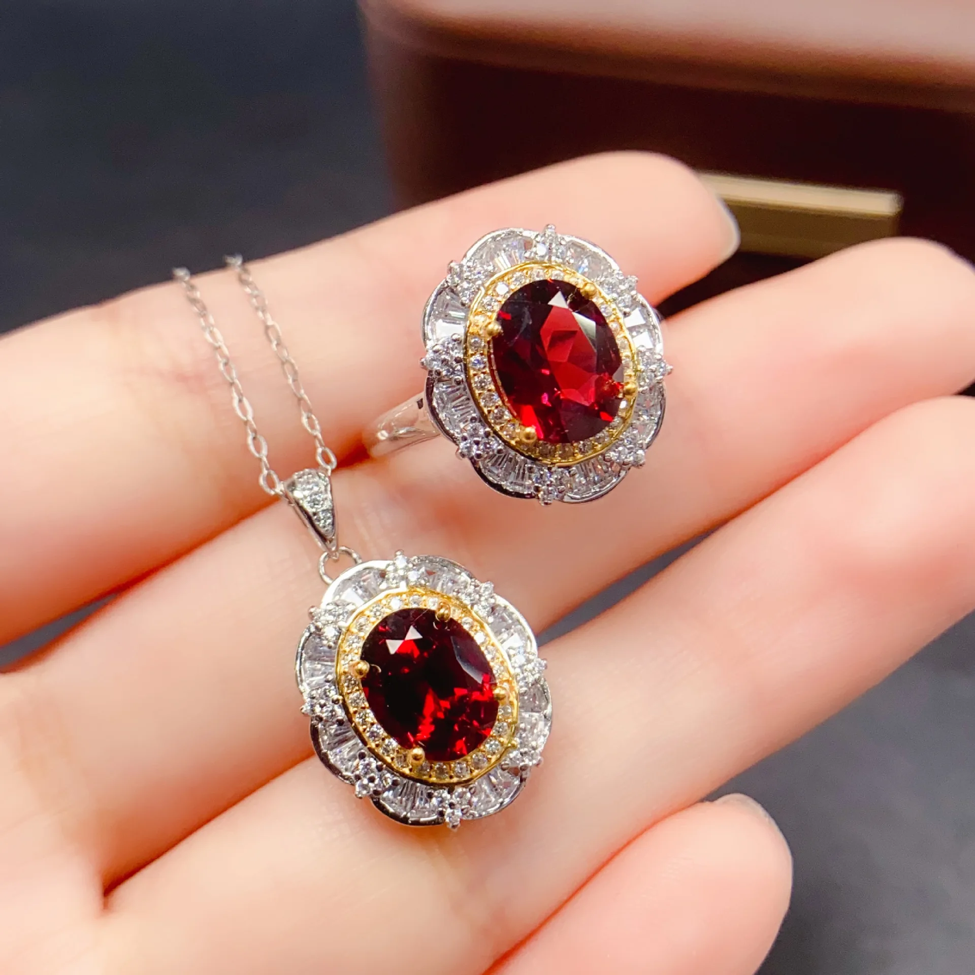 

925 Silver Natural Magnesium Aluminum Garnet Ring & Necklace Set, 7x9mm Main Stones, Vibrant Gemstone Jewelry Gift for Women