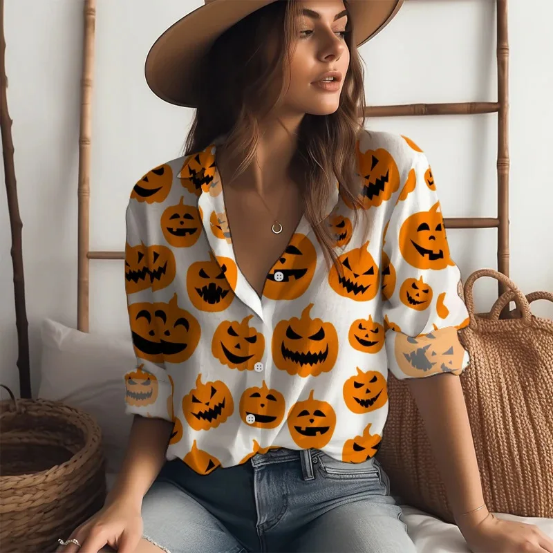 Kemeja lengan panjang wanita motif 3D, baju dekorasi pola labu dan hantu dengan gaya Halloween