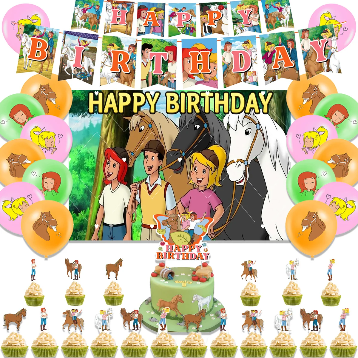 

Cartoon Bibi & Tina Theme Birthday Party Supplies Decorative Game Balloon Banner Backdrop Cake Topper Kids Baby Shower Gifts