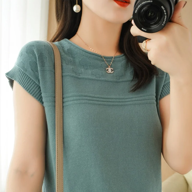 

Женская футболка из чистого хлопка, тонкая вязаная, с коротким рукавом, однотонная, с круглым вырезом, свободного кроя, больших размеров, из хлопковой пряжи