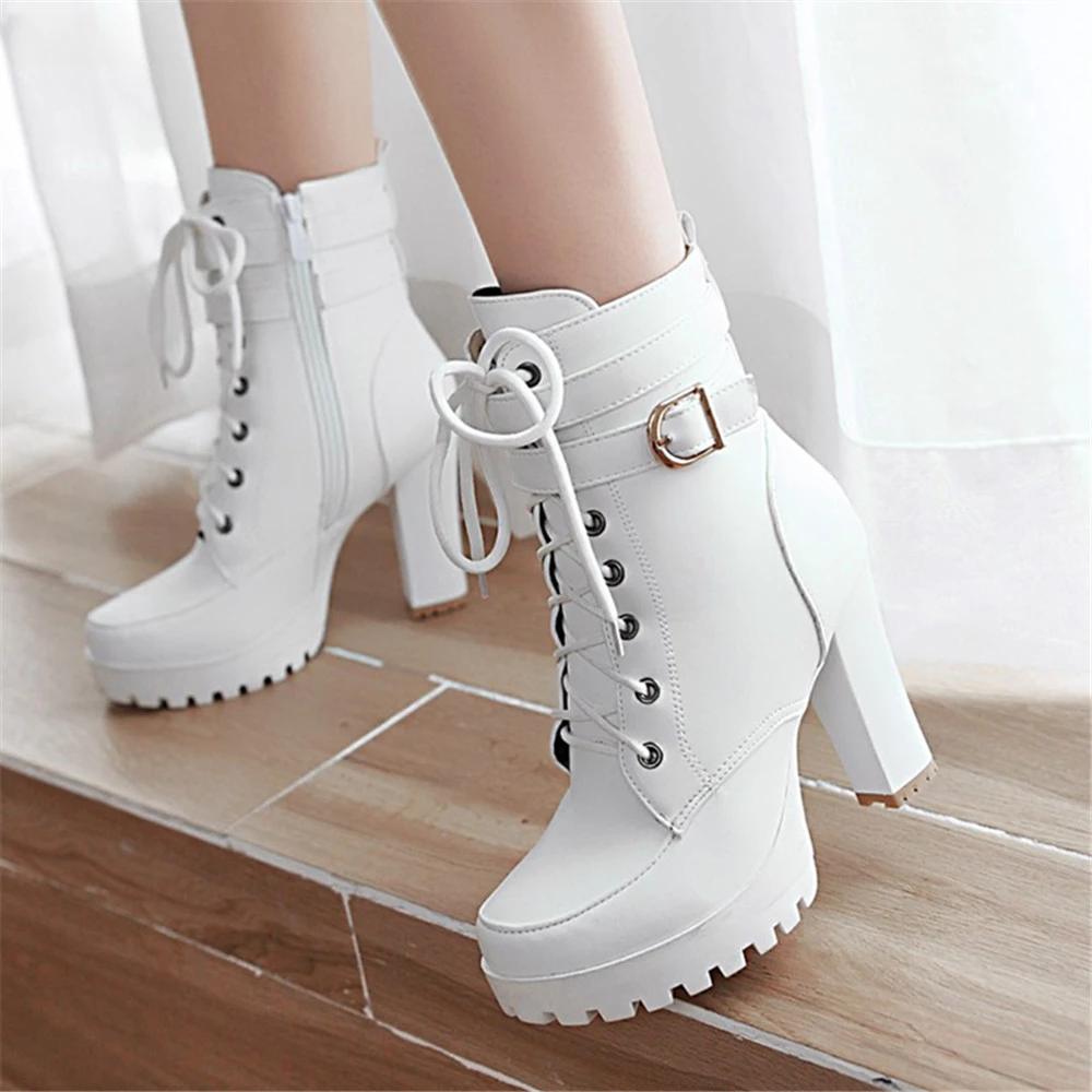 

Shoes Women Motorcycle Boots Autumn Winter Ladies Boot 2023 Stylish Lady Ankle Boots High Heel Platforms Sexy Botas Buckle White