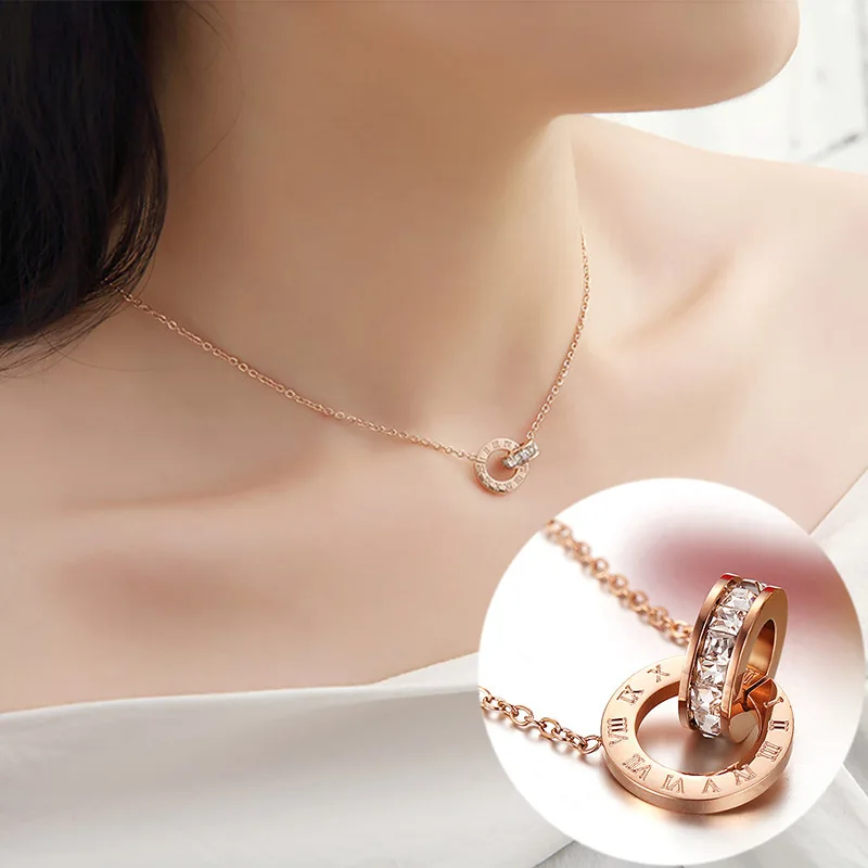 Women's Classic Roman Numeral Crystal Necklace Stainless Steel Luxury Elegant Fashion Jewelry Gift for Wedding Party