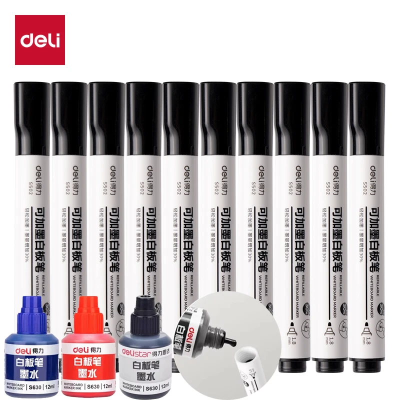 

Deli S502 Whiteboard Pen with Add-Ink Feature Easy to Wipe Teaching & Conference Office Supplies for Learning Stationery