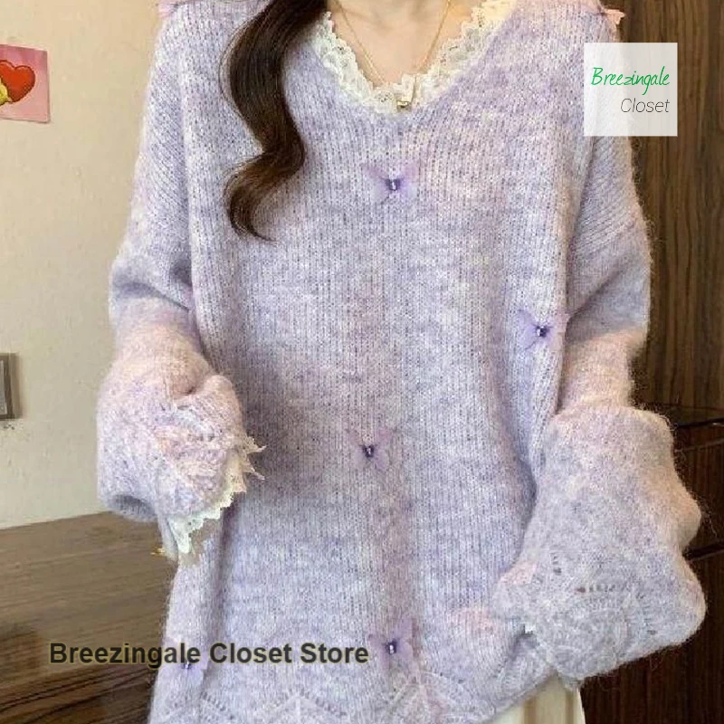 

French style lace autumn and winter lace butterfly design sweater women autumn and winter plus size purple coat slim sweater top